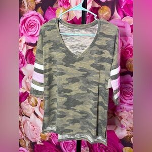 SO Camo V-Neck Tee with Pink and White Stripes